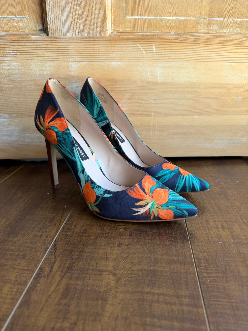 Nine West Floral Pointed-Toe Pumps - Navy, Orange & Teal